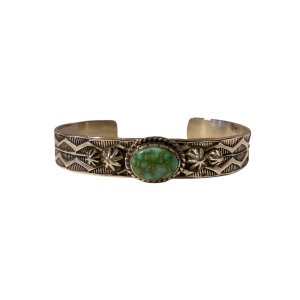 画像1: INDIAN JEWELRY  NAVAJO族 HENRY MARIANO作 SILVER× SONORAN GOLD TURQUOISE スタンプワーク BANGLE /ナバホ族 ヘンリーマリアーノ作 シルバー ソノラン ゴールド ターコイズ バングル インディアンジュエリー 