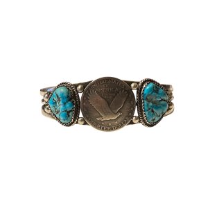 画像1: INDIAN JEWELRY  Taos Pueblo族 lawrence archuleta作 SILVER×KINGMANTURQUOISE COIN BANGLE /タオスプエブロ族 シルバー コイン キングマンターコイズ バングル インディアンジュエリー 