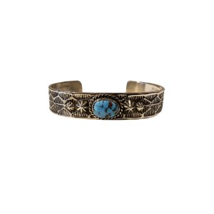 画像1: INDIAN JEWELRY  NAVAJO族 HENRY MARIANO作 SILVER×GOLDENHILL TURQUOISE スタンプワーク BANGLE /ナバホ族 ヘンリーマリアーノ作 シルバー ゴールデンヒル ターコイズ バングル インディアンジュエリー 