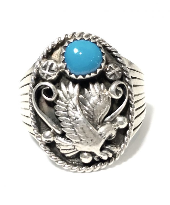 INDIAN JEWELRY NAVAJO族 RB作 TURQUOISE EAGLE RING SILVER/ナバホ族 ランニング・ベアー作  インディアンジュエリー ターコイズ イーグル リング - Drawing